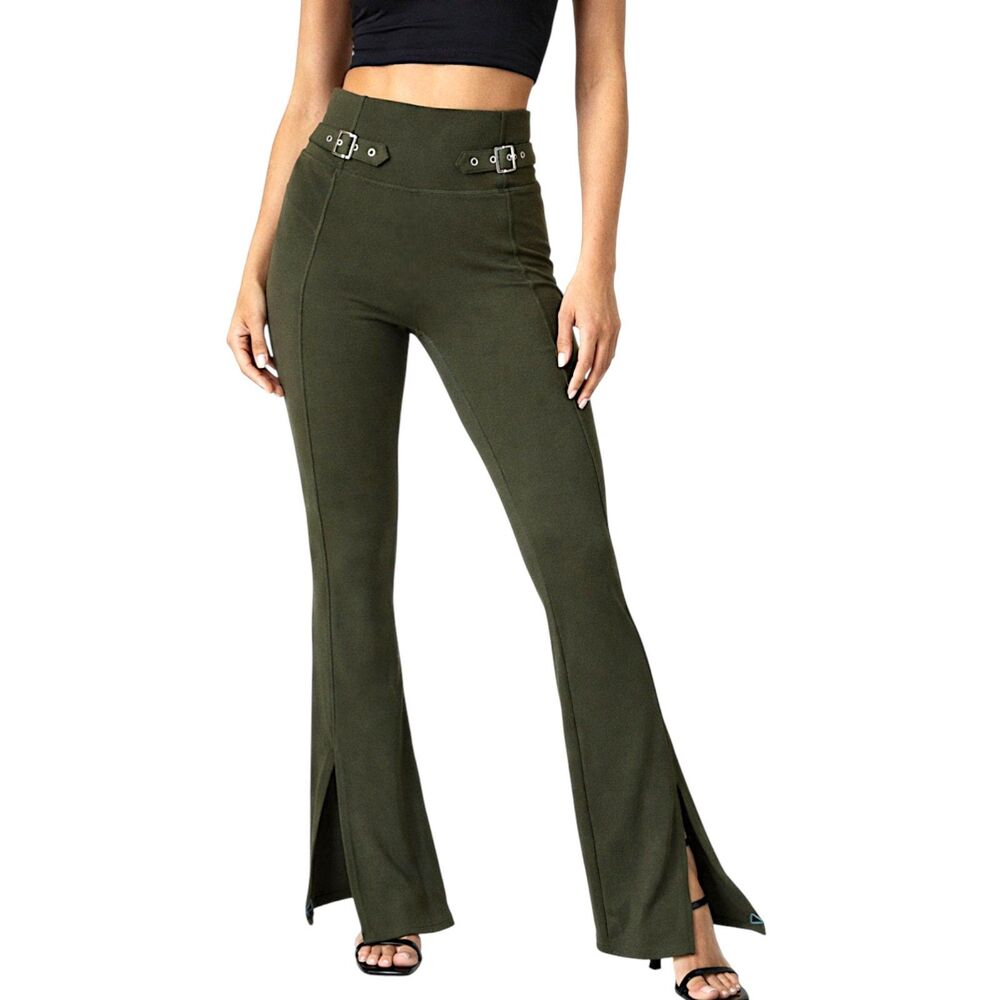 Halara Dark Green High Waist Buckle Detail Split Flare Leggings Size XS